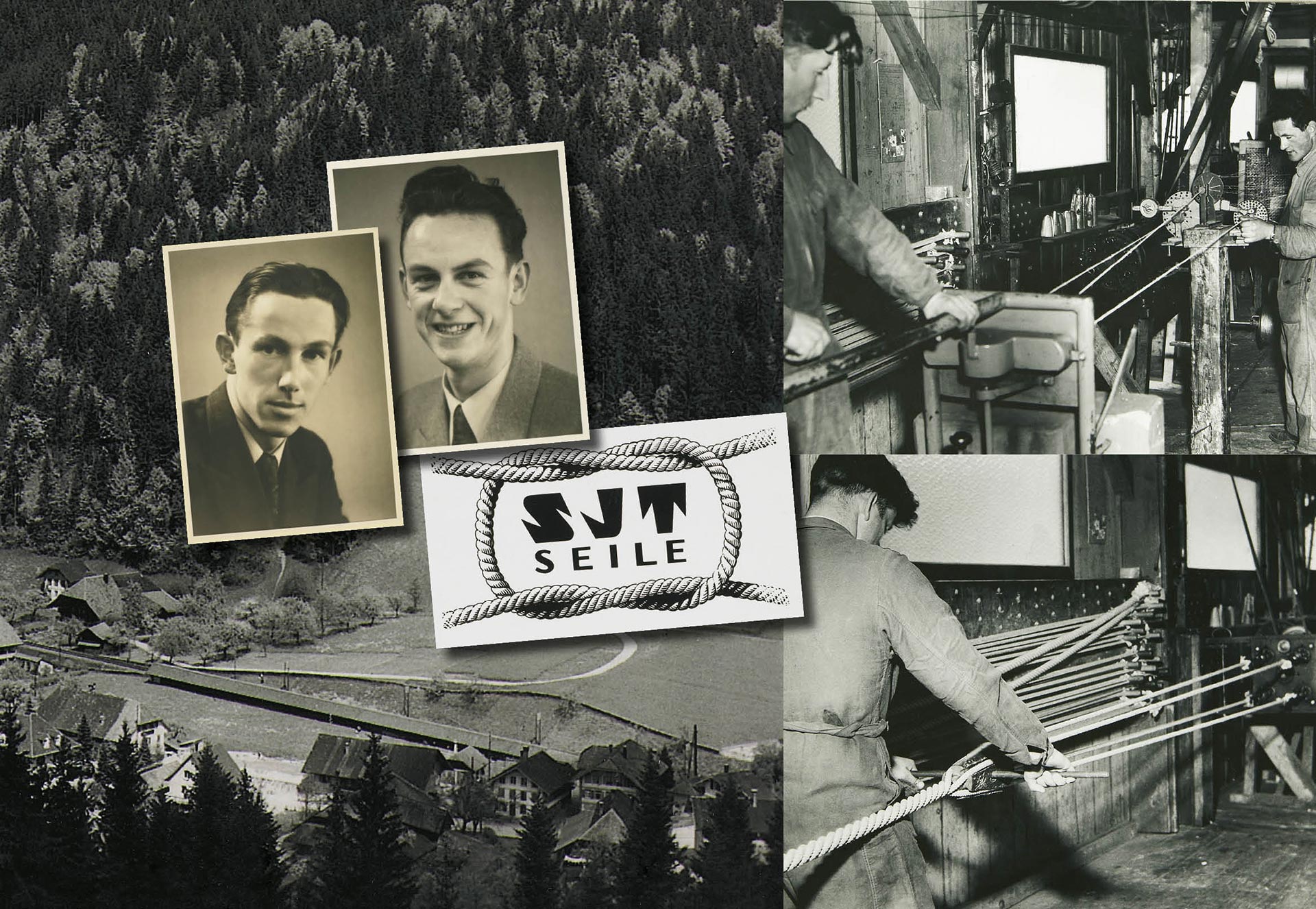 Montage of images of fibre rope making in the 1950s and images of Hans junior and Eduard Jakob